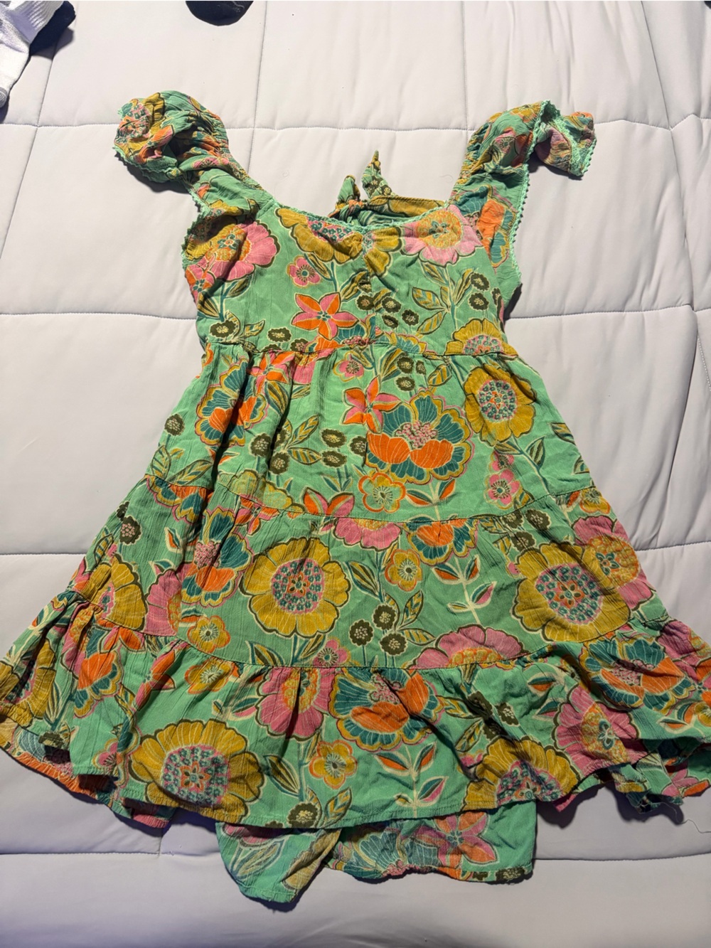 Angie Mint Floral Ruffle-Strap dress with Pink and Orange Blooms